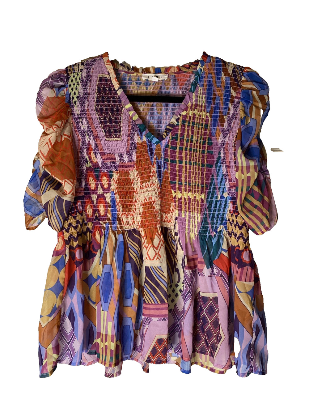 Anthropologie Colorful Geometric Smocked Peplum Blouse L NWOT Flowy V-Neck Top